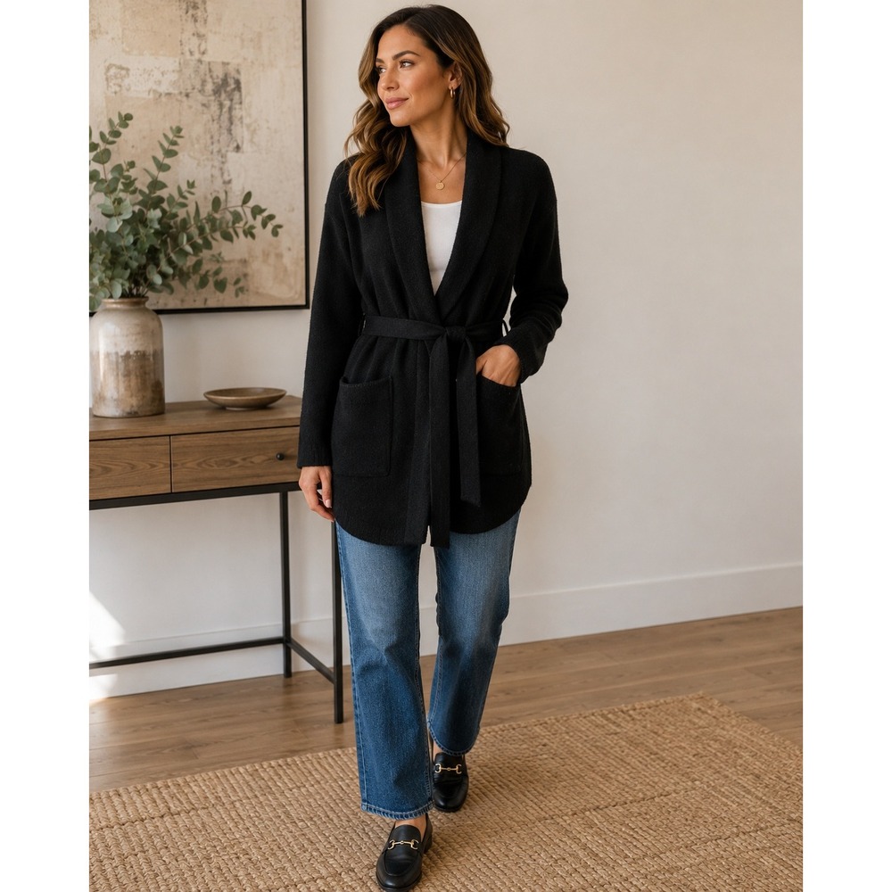 Josephine Chaus Black 100% Wool Belted Wrap Cardigan Sweater Shawl Collar Large